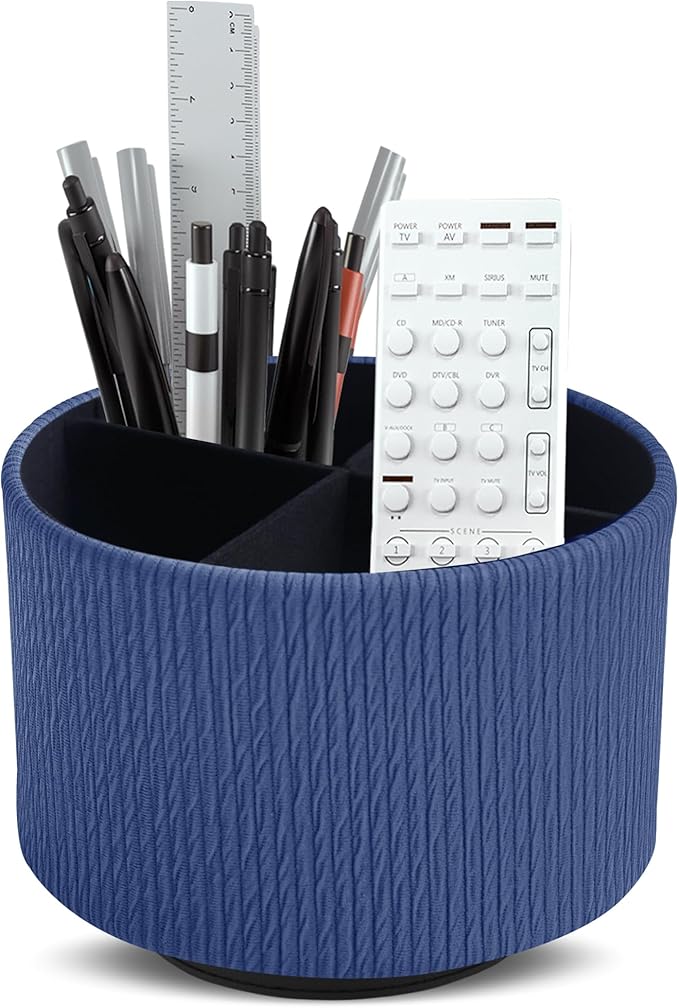 Hennaja Round Leather Art Supply Organizer,Remote Control Holder,360 Degree Spinning,Multi-Functional Pencil Holder,4 Compartments Desktop Stationary Organizer(1-Vertical Wood Blue)