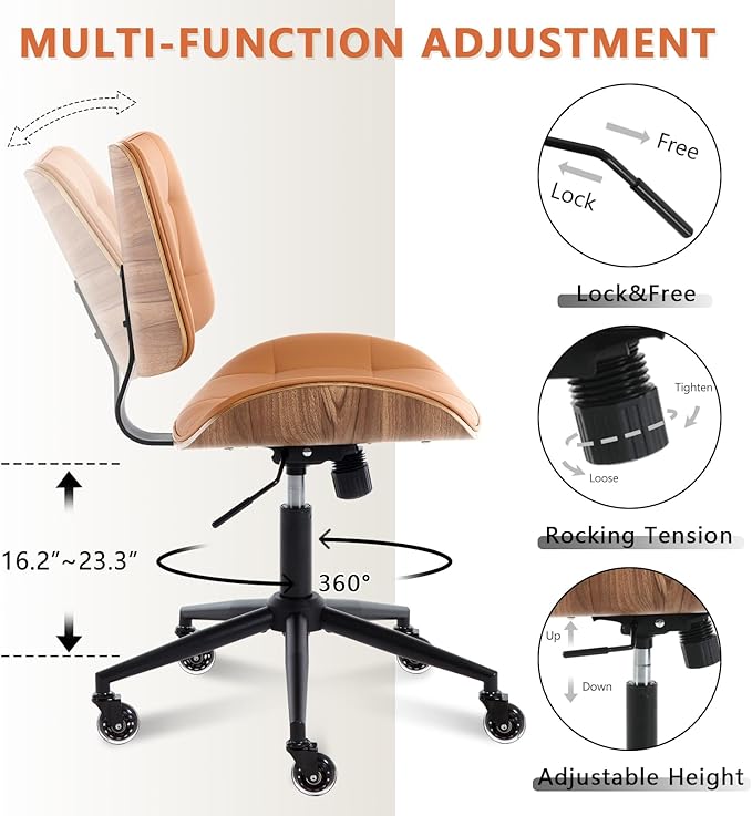 Home Office Desk Chair with Wheels, Adjustable Height Armless Office Chair, PU Leather Mid Back 360° Small Computer Chair, Modern Walnut Chair No Arms for Office, Reading Meeting Room(Brown)