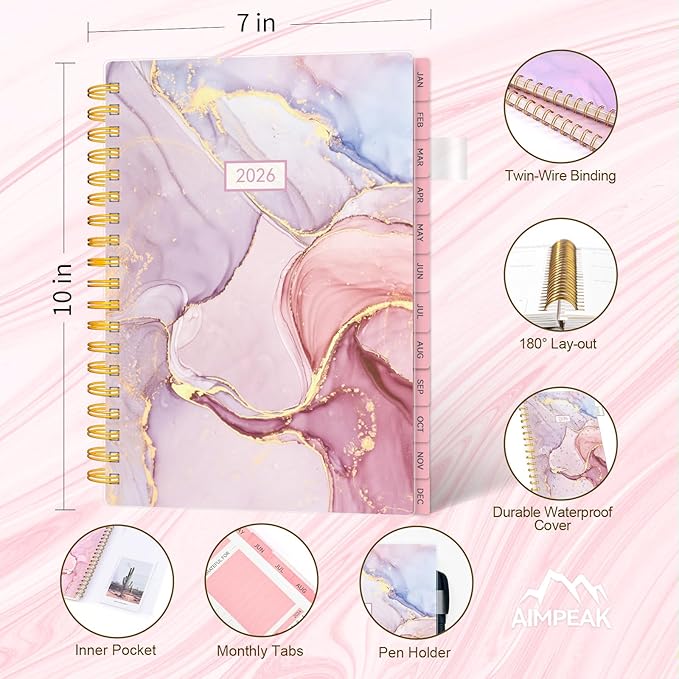 2026 Weekly and Monthly Planner, AIMPEAK 2026 Weekly Planner with Tabs, Jan. 2026 - Dec. 2027, Calendar Planner for Women, Pen Loop, Flexible Cover，Spiral Binding, Pink Marble, 10"x7"