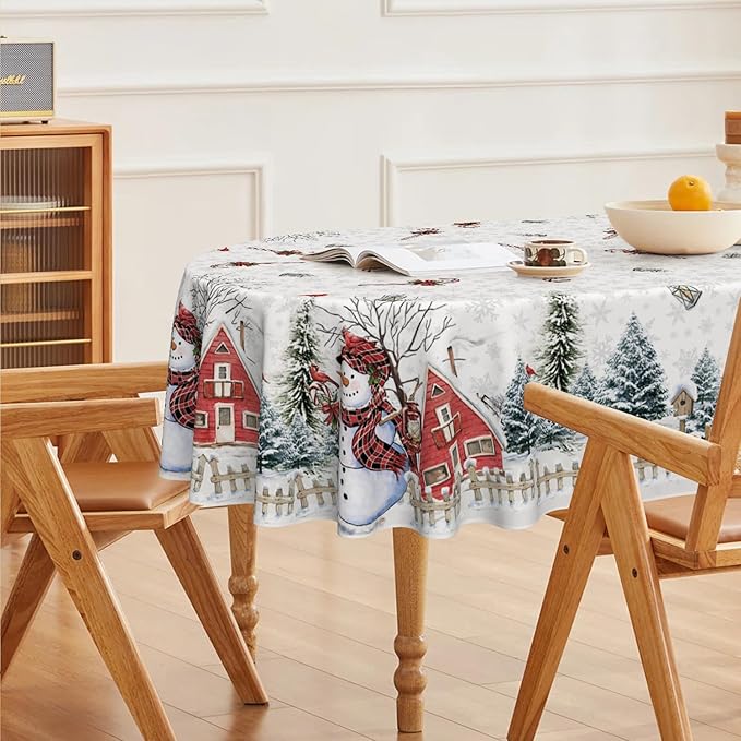 Horaldaily Christmas Tablecloth 60×84 Inch Oval, Winter Snowman House Christmas Trees White Washable Table Cover for Party Picnic Dinner Decor