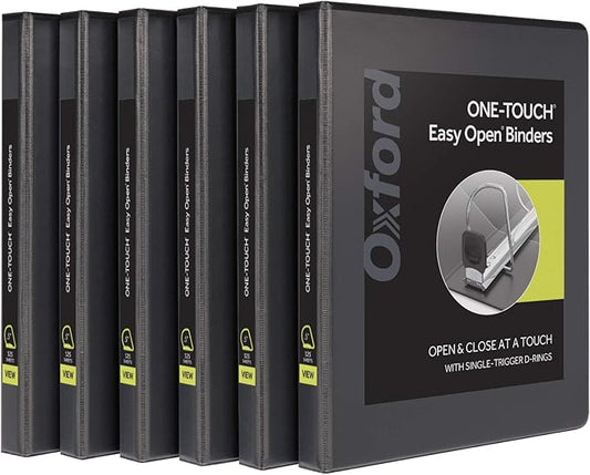 Oxford 3 Ring Binders, 0.5 inch ONE-Touch Easy Open D Rings, Durable Binders for School and Office, View Binder Covers, Xtralife Hinge, Non-Stick, PVC-Free, Black, Holds 125 Sheets, 6 PK (79901)