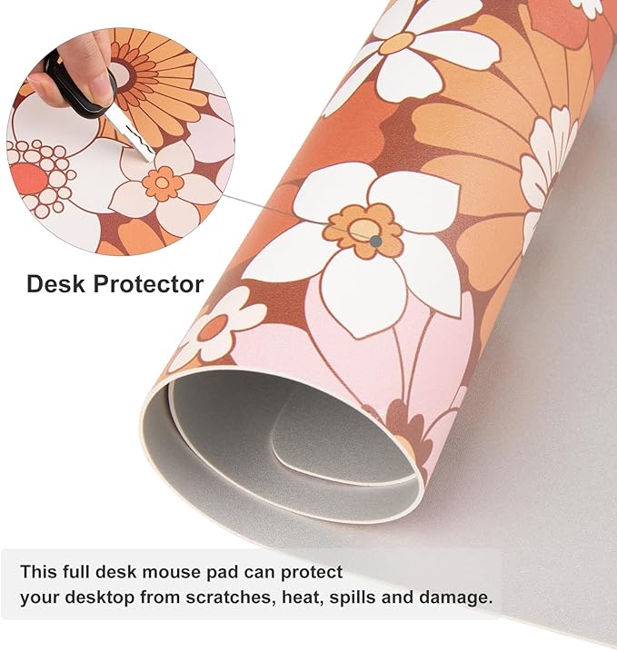 Colorful Star Large Mouse Pad, PU Leather Waterproof Desk Mat, Computer Gaming Mouse Pad, XXL Full Desk Mousepad Non Slip Desk Pad for School Office Home 31.5" x 15.7" - Retro Flowers