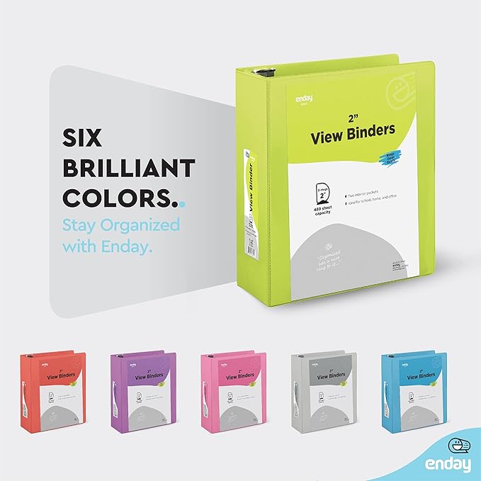 3 Slant D-Ring Binder 2 Inch Binder Green, 2 in Clear View Cover w/ 2 Inside Pockets, Heavy Duty Colored School Supplies Binders Also Available in Blue, Pink, Red, Grey, Purple (6 PC)–by Enday