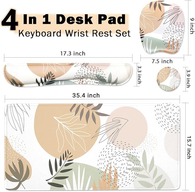 Keyboard Wrist Rest Large Mouse Pad Wrist Support for Computer, 4 in 1 Memory Foam Keyboard Pad Desk Mat Ergonomic Hand Rest Wrist Cushion for Home Office Gaming - Minimalist Plant