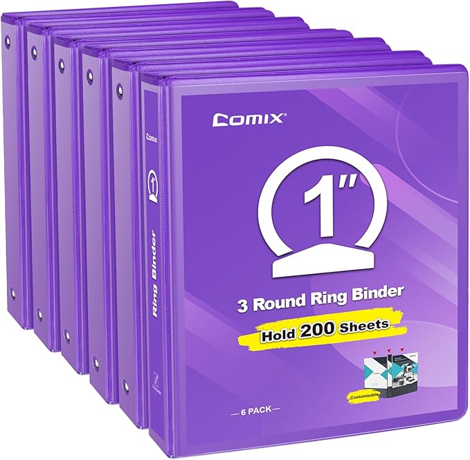 COMIX 3 Ring Binder 1 inch with Clear View Cover, 1" View Binder Holds 200 Sheets of US Letter Size Paper, 6 Pack (Purple)