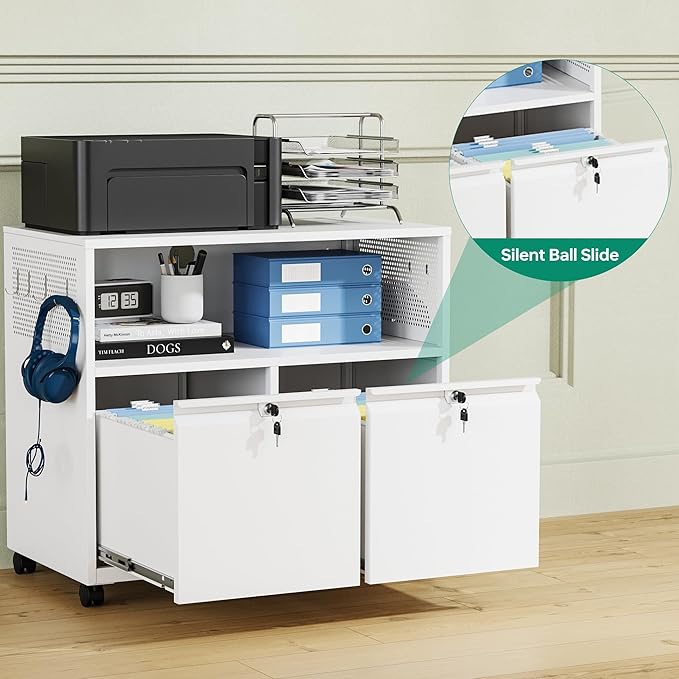 Letaya Mobile 2 Drawer File Cabinet with Lock, Metal Lateral Printer Stand Filing Storage Cabinets with Shelves for Home Office-A4/F4/Letter (White)