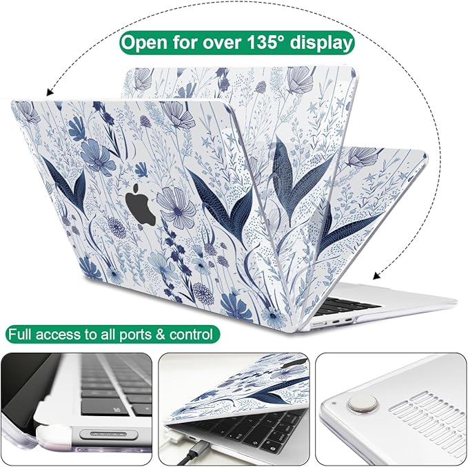 Case for M2 M3 MacBook Air 13.6 inch 2024 2023 2022 A2681 A3113 Cover with Liquid Retina Display Touch ID, Pattern Plastic Hard Shell Case Screen Film Keyboard Cover, Navy Blue Wild Flowers