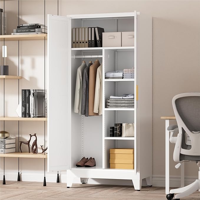 71" Tall Metal Wardrobe Closet with Adjustable Shelves and Hanging Rod, 2 Doors Office Storage Locker Cabinet for Home, Office, Bedroom, Laundry Room, White