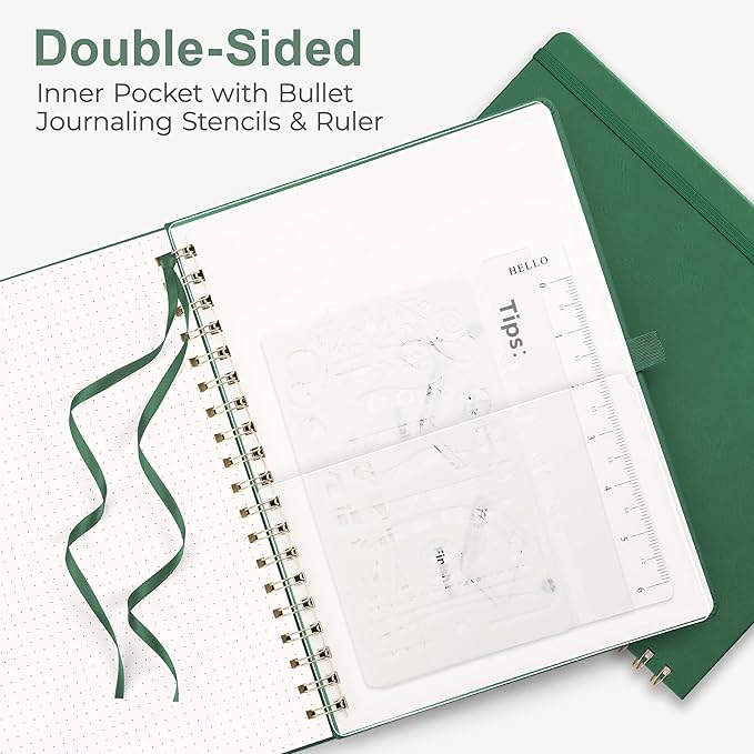 RETTACY Bullet Dotted Journal Notebook, 110 Pages, A4 Large Size (8.5" × 11"), Leather Hardcover, 100 GSM Thick Paper, Spiral-bound, for Bullet Journaling, Planning, Tracking (Dark Green)