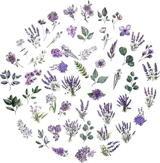 100 Pcs Lavender Purple Flower Stickers for Scrapbooking Junk Journal Notebook Diary Planner Letter Envelope Water Bottle Phone Case Craft Decoration