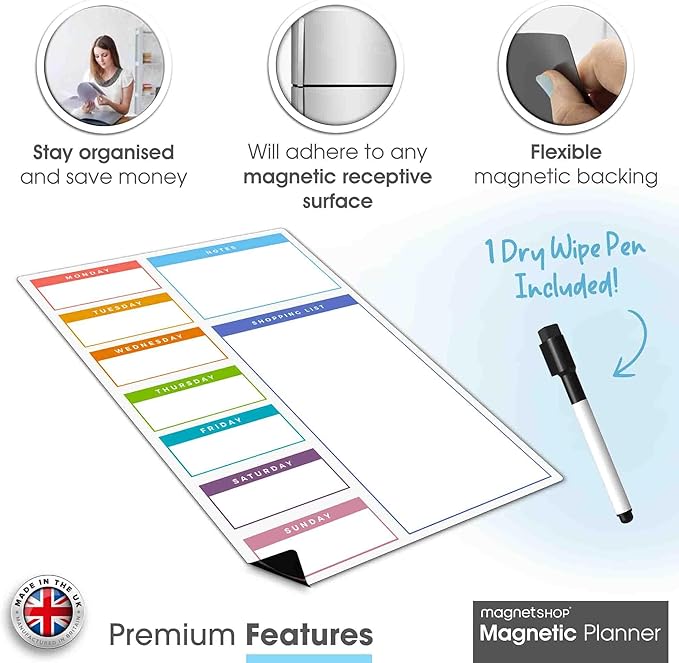 Magnetic Dry Erase White Board Planner for Fridge | Apartment Essentials and Home Organization Must Have | Family Planning, Grocery List, Whiteboard Calendar, Chore Chart | Multi-Color 12" x 16"