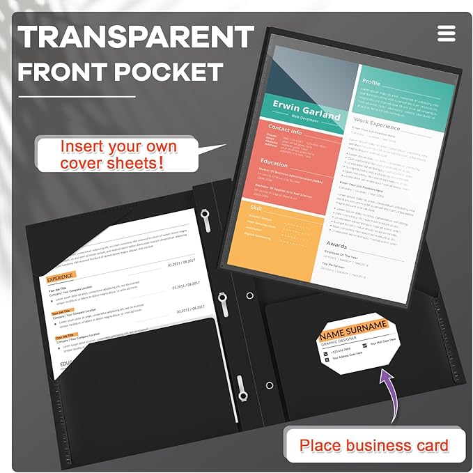 Henoyso 36 Pcs Plastic Folder with Clear Front Pocket and 3 Prong Plastic Folders with Card Slot Pocket Folders with Prongs for School Office (Black)