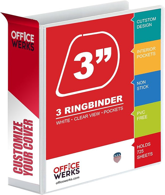 3 Ring Binder, 3" Angle D Ring Heavy Duty Binder with Pockets for 8.5" x 11" Sheet Size, Durable Non-Stick Customizable Clear View Cover (White)