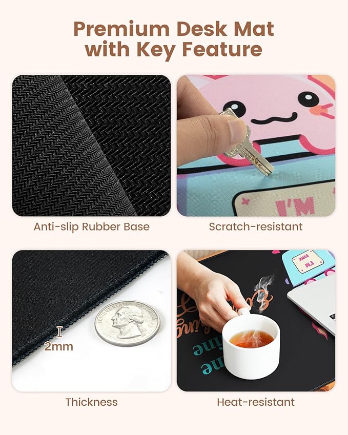 HAOCOO 4-in-1 Cute Desk Mat Set, Ergonomic Mouse Pad with Gel Wrist Rest, Memory Foam Keyboard Wrist Rest for Pain Relief, Desktop Protector Coaster, Comoputer Pads with Non-Slip Base(Black)