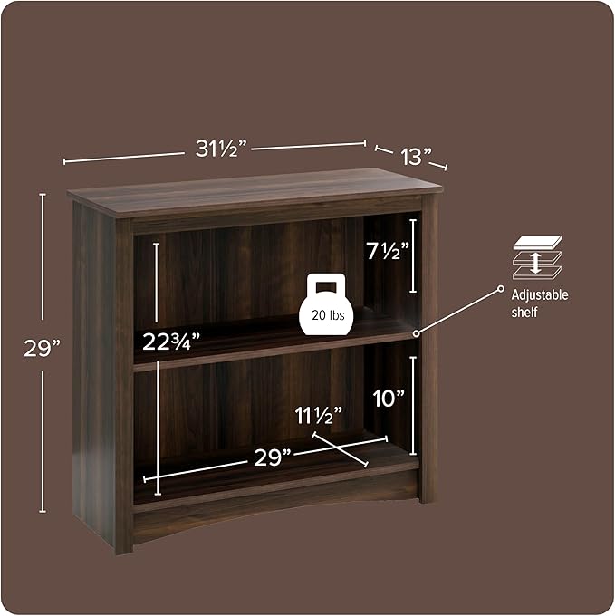 Prepac Sonoma 2-Tier Bookcase 29"H with 1 Adjustable Shelf, Espresso Storage Cabinet, Modern Display Cabinet, Bookshelf with Storage Shelves for Home Office, Living Room, Bedroom Organizer