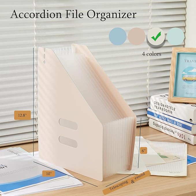 2-Piece Vertical Accordion Folder Manager, 13 Grid Expansion Pages, Vertically Opened Storage Bag for organizing Materials, School, Home, and Office letterhead, Gray