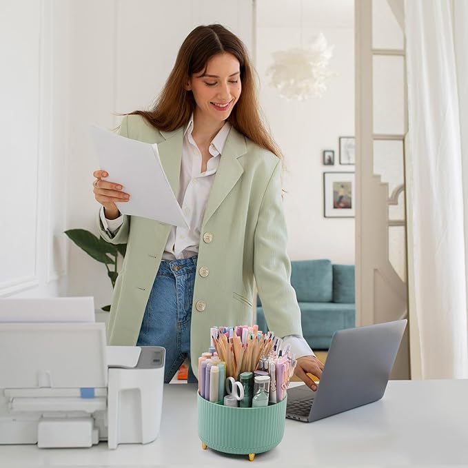 SKYDUE 360 Degree Rotating Desk Organizer, Dual-Purpose Pencil Pen Holder for Desktop, Rotating Desk Pen Organizer with 5 Slots, Pencil Cup for School, Home, Office Supplies (Bean Green)