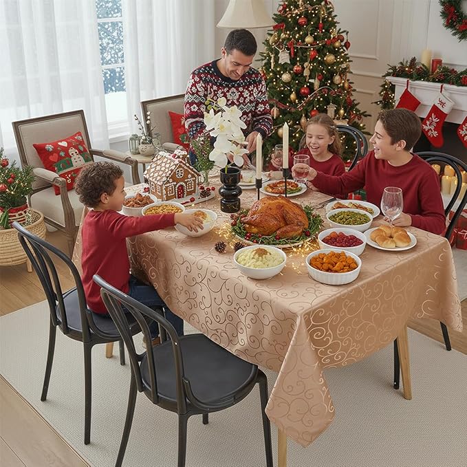 Romanvicky Christmas Jacquard Tablecloth Gold Floral Pattern Rectangle Table Cloth Spill Proof Wrinkle Resistant Polyester Table Cover for Autumn, Harvest, Thanksgiving Decoration, 60 x 84 Inch