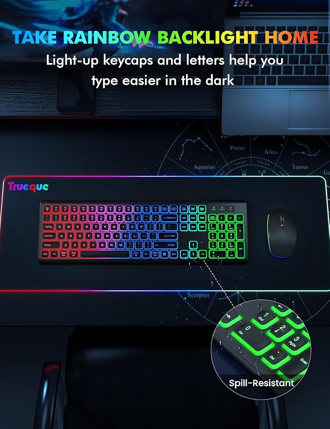 Wireless Keyboard and Mouse Combo - RGB Backlit, Rechargeable & Light Up Letters, Full-Size, Ergonomic Tilt Angle, Sleep Mode, 2.4GHz Quiet Keyboard Mouse for Mac, Windows, Laptop, PC