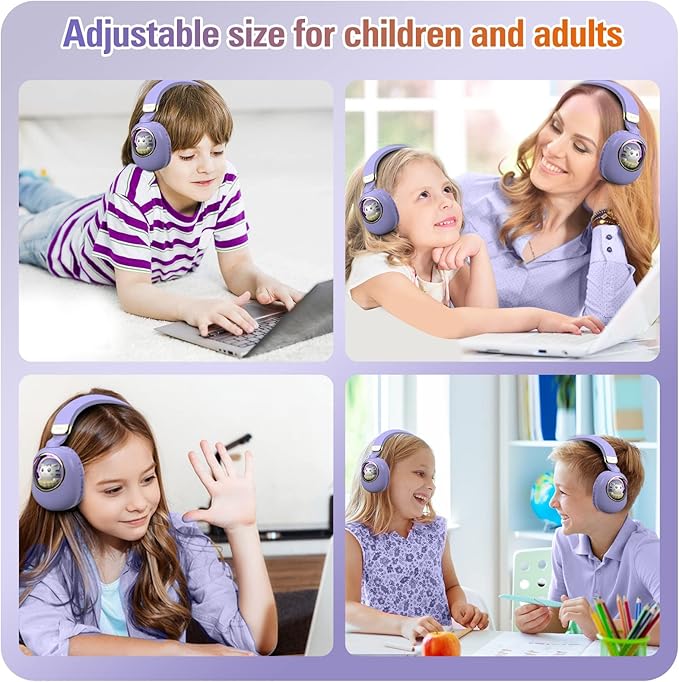 Purple Kids Bluetooth Headphones Wired with Microphone for School - Wireless Boy Girls Noise Cancelling Over Ear Bluetooth Headphones Children Headsets for iPad Kindle Airplane Travel Tablet
