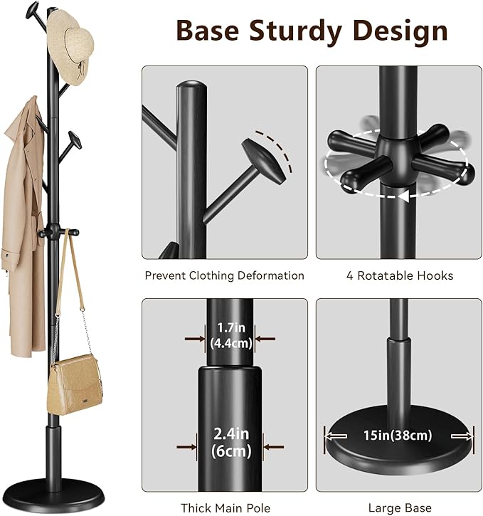 Solid Wood Coat Rack Freestanding Coat Tree with 10 Hooks for Bedroom, Livingroom, Entryway, Sturdy Coat Hanger Stand for Hats, Coats, Scarves, Handbags, Purses