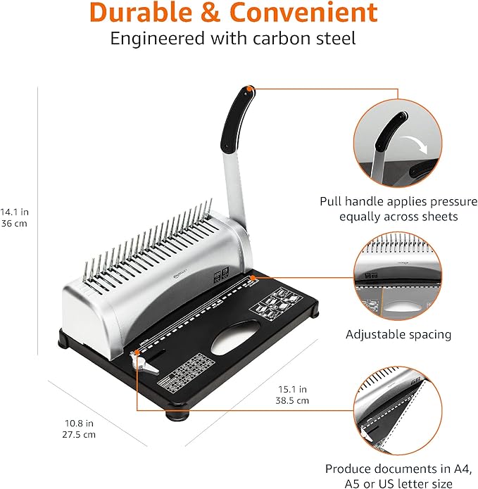 Amazon Basics Comb Binding Machine, 350 Sheets Capacity, for paper sizes A5(15 holes)/Letter(19 holes)/A4(21 holes) with Adjustable Margin, Grey