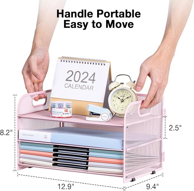 3-Tier Letter Tray Paper Organizer with Handle,Compact Mesh Desk File Organizer for Home Office Supplies Desktop Accessories,Pink
