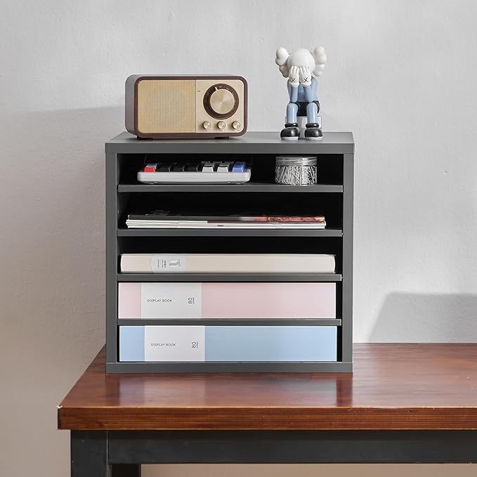 VEVOR Literature Organizer, 5 Compartments Office Mailbox with Adjustable Shelves, Wooden Mailbox Sorter Medium Density Fiberboard Office Home Classroom Storage for Files, Documents, Papers, Grey