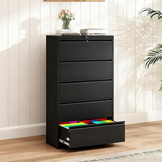 5-Drawer Lateral File Cabinet with Lock, Black Metal Filing Cabinet for Office or Home – Secure Storage for Letter/Legal/A4/F4 Documents, Easy to Assemble Locking File Organizer (Black, 5 Drawer-64"H)