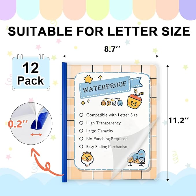 TOTiyea 12 Pack Clear Report Covers with Sliding Bars, 5mm (25 Sheet Capacity) Blue Sliding Bar File Folders, for Letter Size
