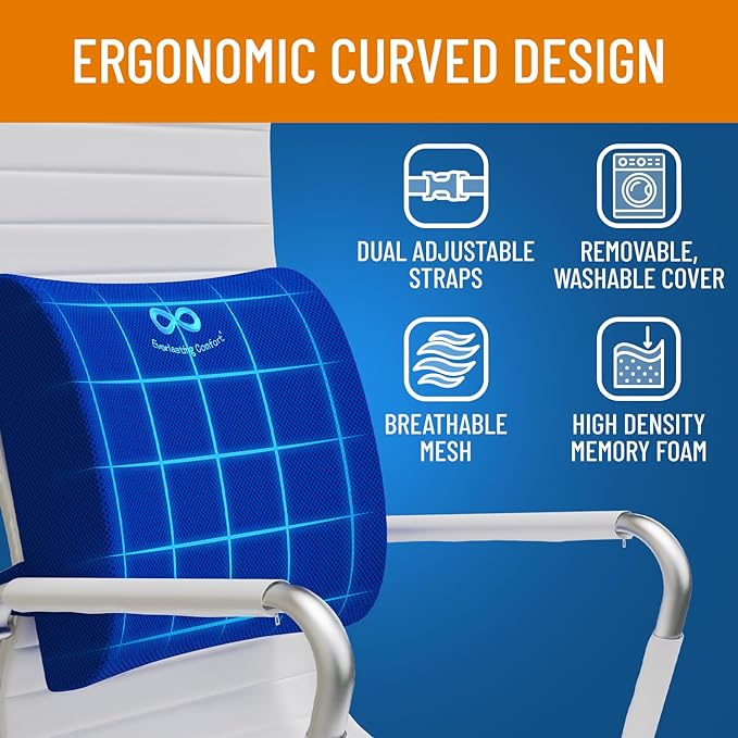 Everlasting Comfort Lumbar Support Pillow for Office Chair - Memory Foam Back Cushion for Car Seat - Promotes Better Posture, Back Pain Relief - Ideal Gaming and Desk Chairs Work and Home Essentials