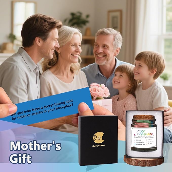Mom, I Want to Hear Your Story Jar with 90 PCS Cards, Mothers Day Birthday Gifts From Daughter Son, Christmas Mother in Law New Mom Gifts Conversation Cards for Family
