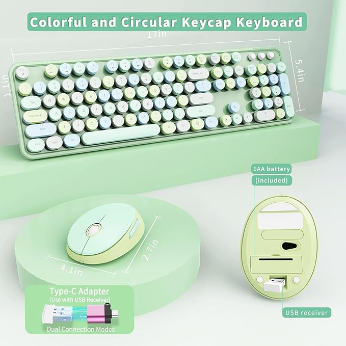 Wireless Keyboard and Mouse Combo, Ergonomic Full Size Typewriter Retro Round Keycaps Keyboard, Compatible with Windows, PC, Perfer for Home and Office Keyboards (Green