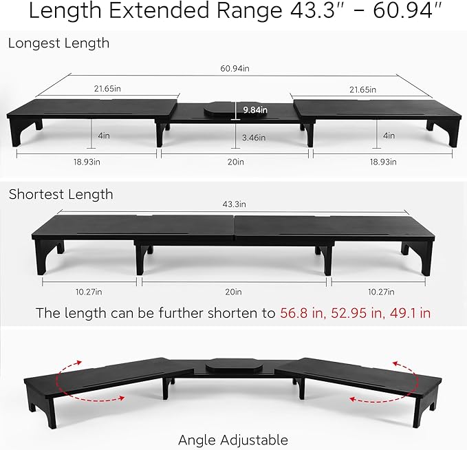 Nnewvante Monitor Stand Riser, Upgrade Height Large TV Riser, 60 inch Large Bamboo Dual Monitor Stand for Desk, 3 Shelves Desktop Screen Riser with Adjustable Length Angle for Computer Laptop Black