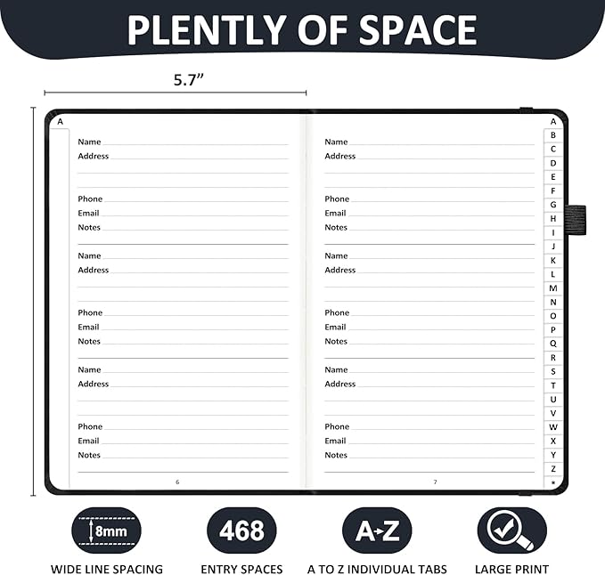 Address Book with Individual Alphabetical Tabs Laminated, Large Print Address Book with 468 Wide Lining Entry Spaces, Change of Address Labels, Hardcover Address Book 5.7 x 8.5" - Black