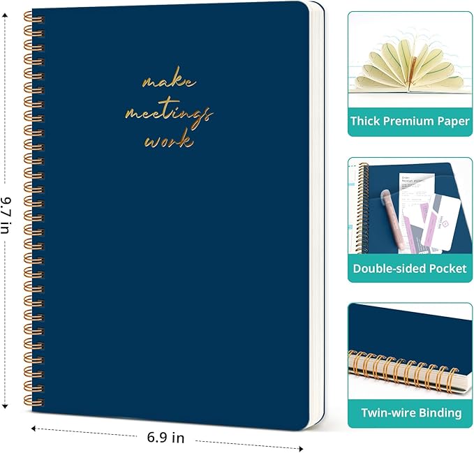 Taja Meeting Notebook for Work Organization - Work notebook with action items, Meeting Minutes Planner Notebook, Perfect Office Supplies for Men & Women - Navy Blue