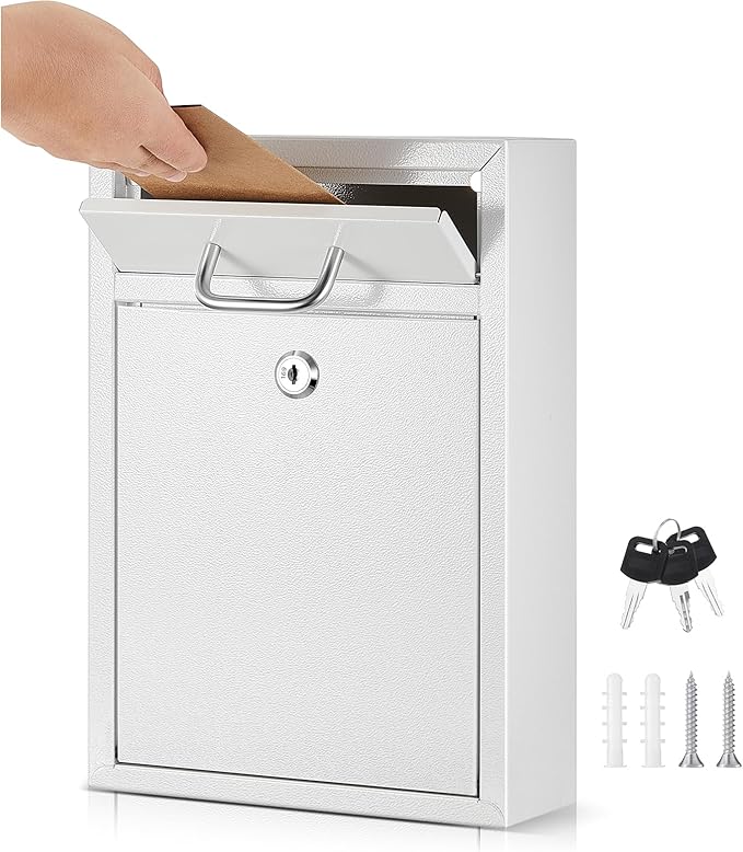 Locking Mailbox with Key for Outdoor 12.2 x 8.5 x 3 Inches Large Wall Mount Mail Box with Lock Security Mail Drop Metal Collection Boxes Hanging Secure Postbox(Creamy White)