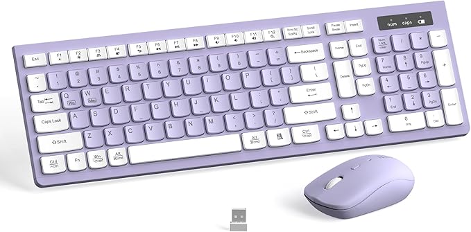 Wireless Keyboard and Mouse Combo, Full-Sized Wireless Keyboard and Adjustable DPI Mouse, 2.4GHz USB Receiver, Silent Keyboard and Mouse for PC, Windows, MAC, Desktop, Laptop(Purple)