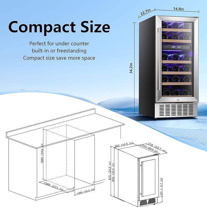 Antarctic Star Wine Fridge,15 Inch Wine Cooler Refrigerator Under Counter(41-68°F),28 Bottles Built-in Dual Zone &Freestanding Wine Refrigerator with Stainless Steel & Double-Layer Tempered Glass Door