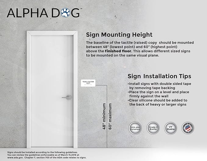 ALPHA DOG ADA SIGNS Custom ADA Compliant Braille Sign, 4"x8" Room Identification Plaque, Tactile Text, Raised Letters, Personalized 2-Line, Indoor/Outdoor, USA-Made (White)