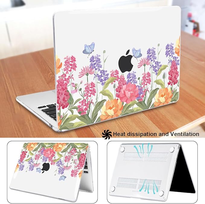 Compatible with MacBook Air 13.6 inch Case 2025 2024 2023 2022 Release A2681 A3113 A3420 Cover M4 M3 M2 Chip, Pattern Plastic Hard Shell Case Screen Film Keyboard Skin, Pink & Purple Flowers