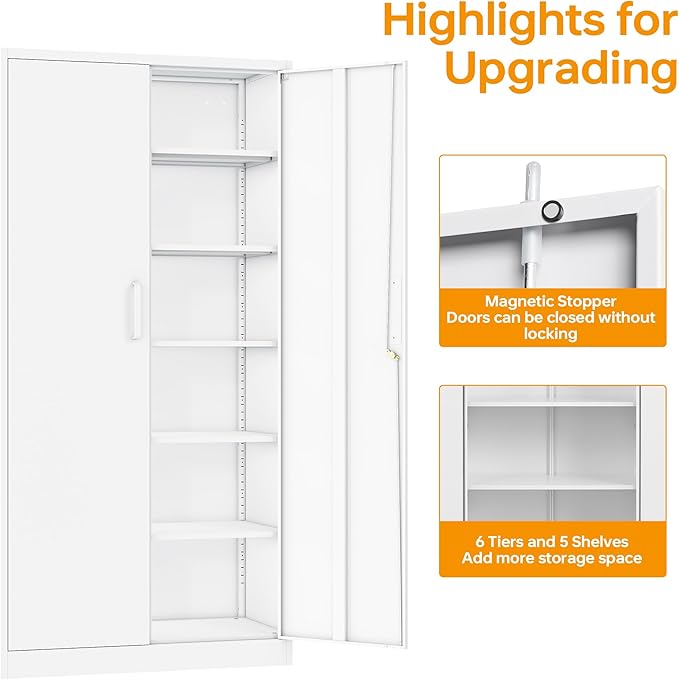 STANI Metal Garage Storage Cabinet with Lock, 71" Steel Lockable File Cabinet, Locking Steel Storage Cabinet with 5 Adjustable Shelves for Home, Office, Warehouse, Garage, School (White)