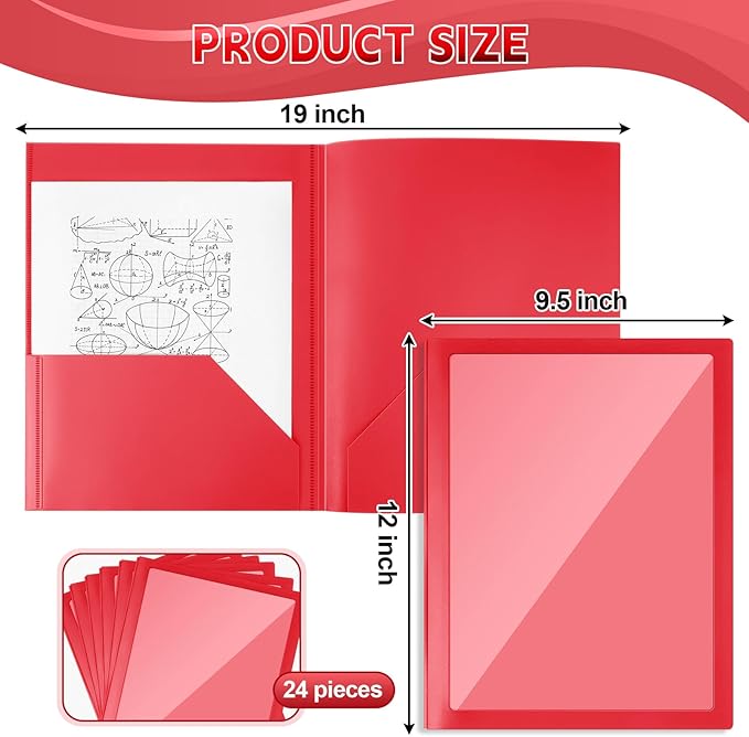 Teling 24 Pcs Plastic Folders with Front Clear Pocket and Business Card Holder 2 Pocket Heavy Duty Folders Plastic Letter Size Paper for Business School Office Supplies (Red)