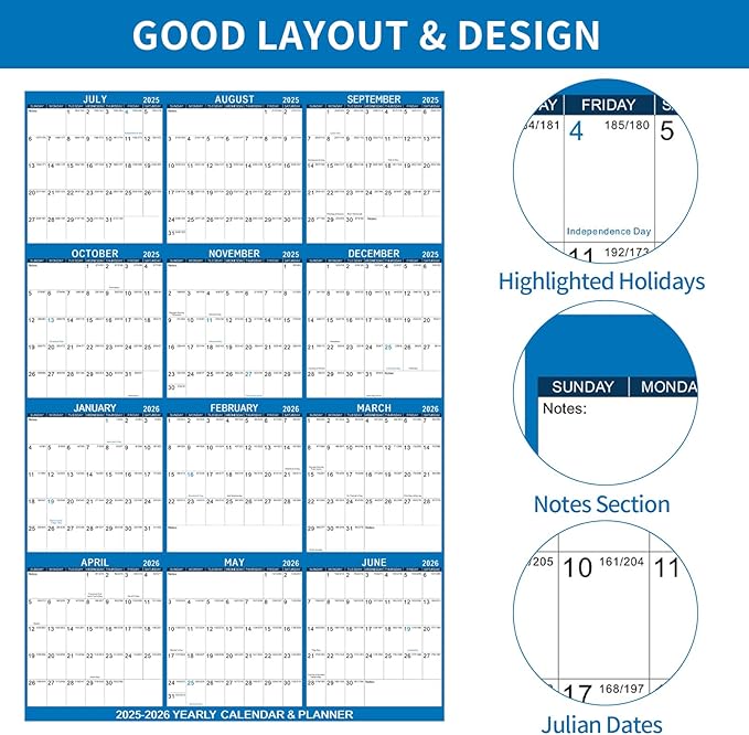 2025-2026 Wall Calendar 24" x 36" Dry Erase Calendar for Wall from July 2025 to June 2026 12 Month Annual Large Yearly Wall Planner for Office School(Blue)