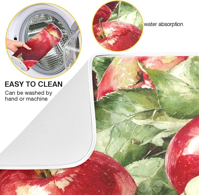 Leaves Red Apples Dish Drying Mat 18 X 24 Inch Natural Fresh Fruits Dry Dishes Pads Tableware Mats Absorbent Microfiber Protector for Kitchen Countertops Counter Home Decorations