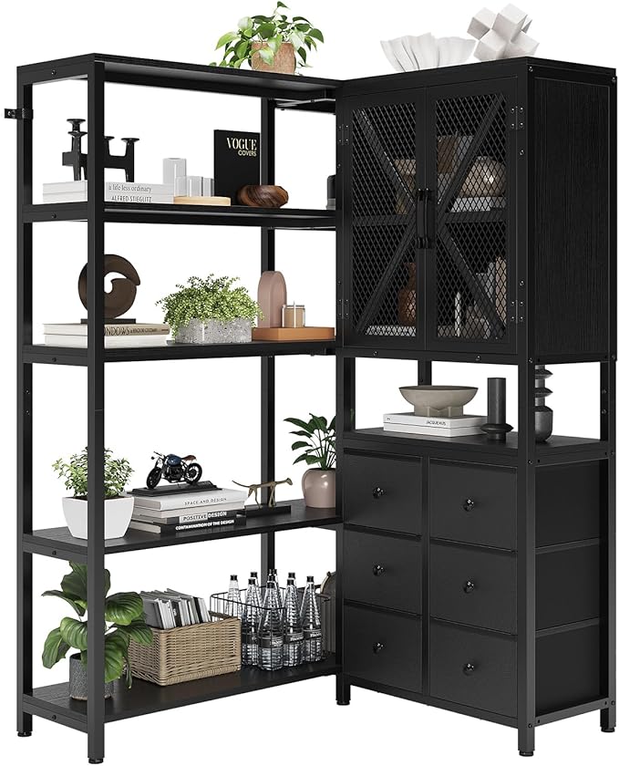 Corner Bookshelf, 5 Tier Industrial Convertible Bookshelf with 6 Fabric Drawers, Corner Bookcase Large L Shaped Storage Display Shelf for Home Office, Living Room, Kitchen, Black
