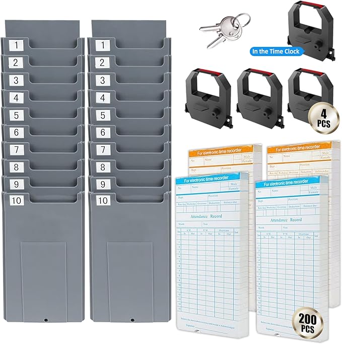 Time Clock Bundle with 200 Time Cards, 4 Ink Ribbons, 2 Ten-Slot Time Card Racks, & 2 Security Keys, Auto-Align Employee Time Clocks for Small Business