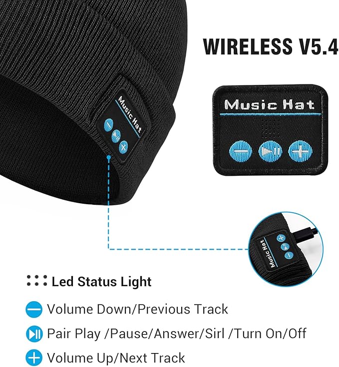 Bluetooth Beanie with Light, Headlamp Hat with Headphones and Built-in Speaker Mic, Unique Christmas Gifts for Men Husband