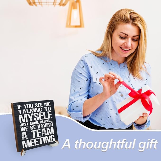 Team Meeting Wood Sign with Saying Desk Decor Funny Office Decor Sign Cubicle Decor Country Plaque with Wooden Stand Rustic Home Farmhouse Office Table Shelf Desk Accessories Coworker Gift