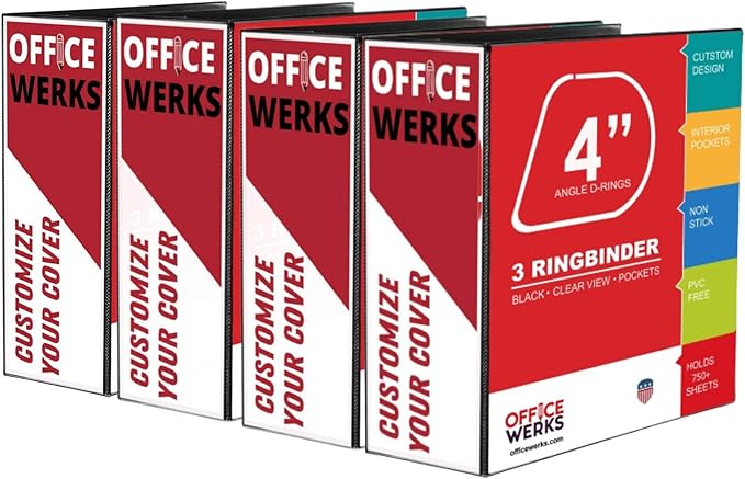 Performore 3 Ring Binder, Professional Angle D 4 Inch, Presentation Folder for Standard Pages 8.5 x 11 with Pockets, Crystal Clear View Black Binder (4 Pack) - Ideal for Office Supplies